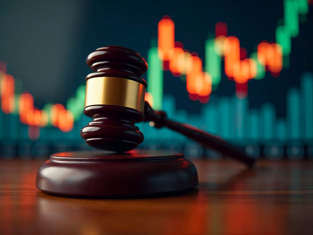 Judge's gavel in front of blurred financial stock market chart on screen